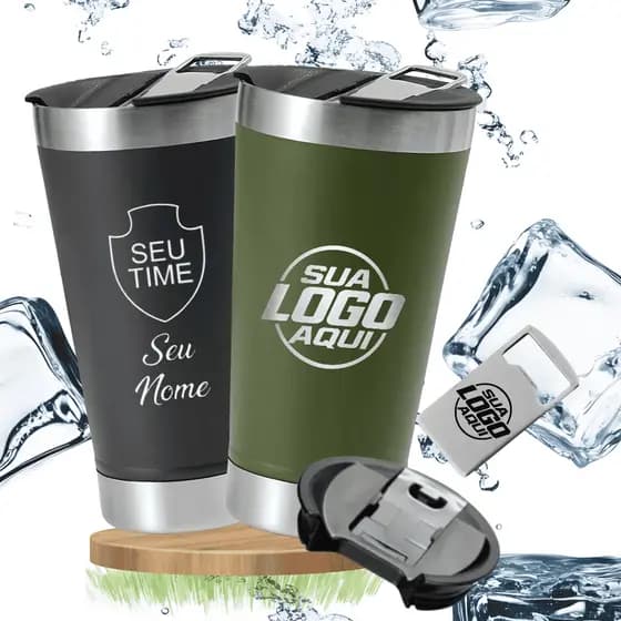 Copo Termico Inox 473ML + Tampa e abridor Personalizado Nome Logotipo Time Desenhos
