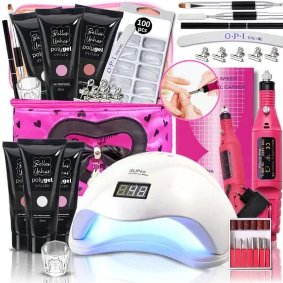 Kit de Alongamento de Unha Polygel Poligel COmpleto Cabine Sun Lixa Elétrica Molde F1 + Bolsa | Envio Imediato