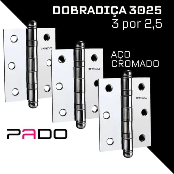 Dobradiça Para Portas de Madeira Rolamento Pado 3025 3x2,5 Kit C/ 3Pçs Carbono Cromado