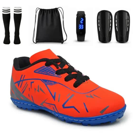 Kit Chuteira Masculino Infantil Campo Society Antiderrapante Meião Mochila Relógio Caneleira