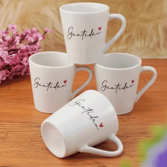 Jogo 4 Xícaras / Canecas Porcelana Café Chá 120 ml Gratidão Branca Spot