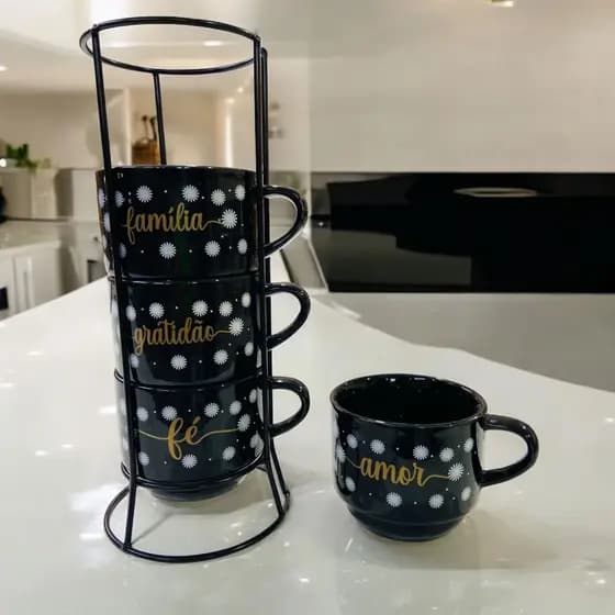 Jogo De 4 Xicaras Café Chá Porcelana Floral Amor Família Gratidão e Fé Com Suporte de Metal