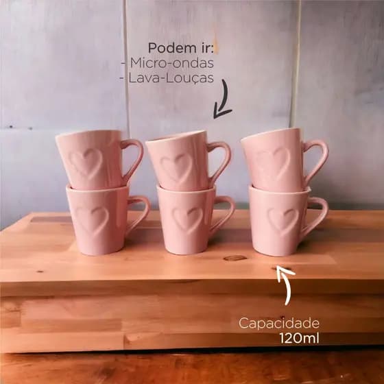Kit 6 Canecas Xicaras Café Porcelana 120ml Coração Relevo Rosa