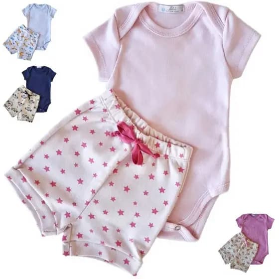 Kit Bebê 2 peças Body Manga Curta e Short 100% algodão Conjunto Verão antialérgico