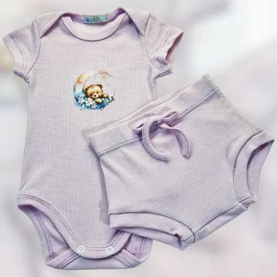Conjunto Bebê Body Manga Curta com estampa + Short Tapa Fralda Canelado Ribana Menino Menina