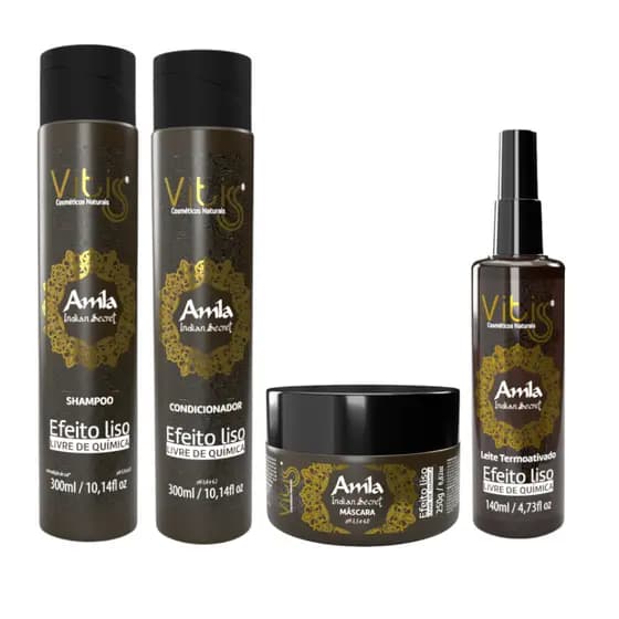 Kit Amla Vitiss shampoo condicionador mascara leite termoativado efeito liso sem quimica antifrizz