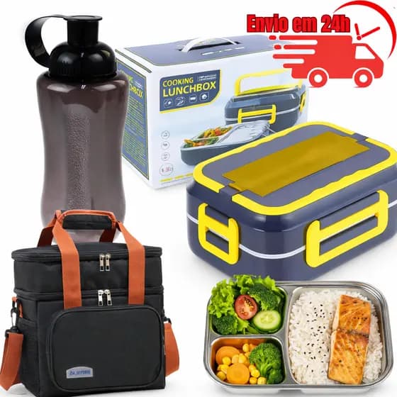 Marmita Eletrica Bivolt Inox C/Bolsa Termica e Garrafa 600ml Trabalho Escola Uber Taxi