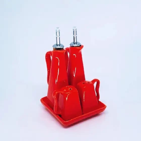 Galheteiro de Cerâmica Conjunto com 5 Peças para Azeite, Vinagre, Sal e Pimenta com Suporte, Design Sofisticado, Resiste