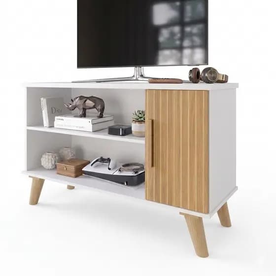 Rack Estante Clique Para Tv Sala Com Porta Ripada Off White Ripado Suporte 55 Polegadas