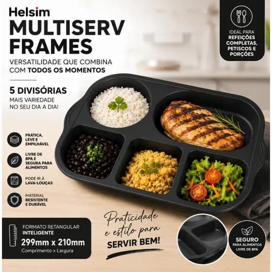 Bandeja Divisória 5 Compartimentos Helsim Preta Refeição Completa Petisqueira BPA Free Multiuso.