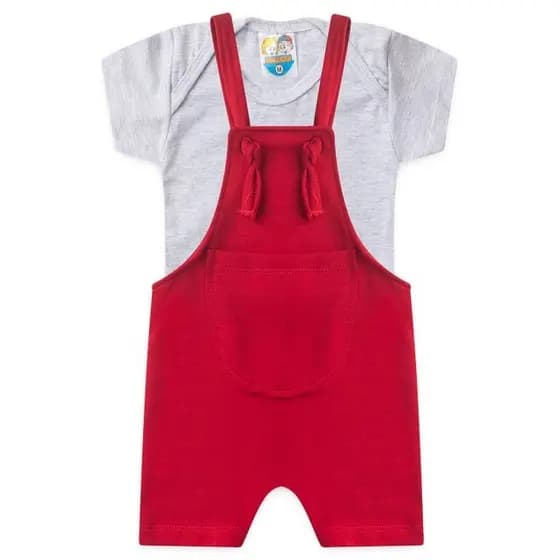 Kit Bebê Jardineira Curta Body Mescla com Vermelho
