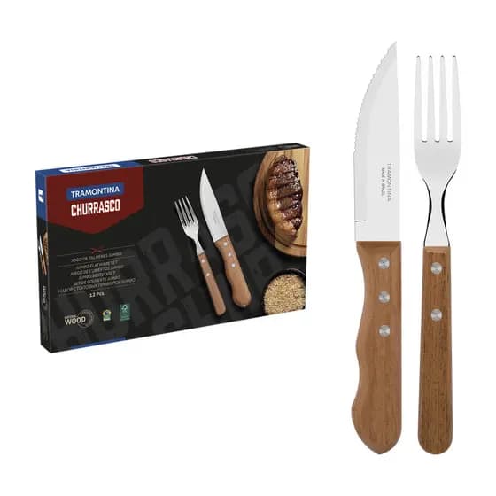 Jogo Para Churrasco 12 Peças C/ Cabos de Madeira Aço Inox Tramontina Jumbo