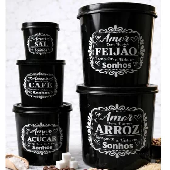Potes para Mantimentos Kit 5 Unidades – Porta Arroz Feijão Açúcar Café Sal (Dispensa Organizada)