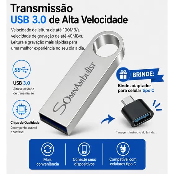 Pendrive 16GB USB OTG 2.0 Ultra rapido de metal Binde Adaptador tipo c