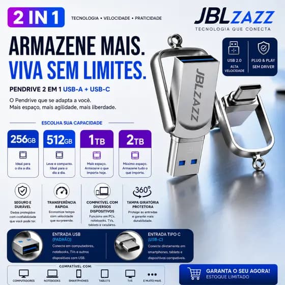 Pendrive 256GB 512GB 1TB 2TB USB 3.0 e Tipo C 2 Em 1 Para Celular E PC Pen Drive