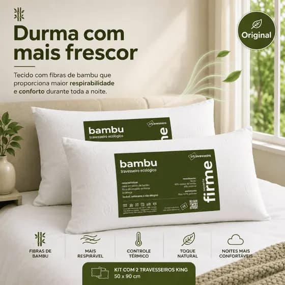 kit 2 Travesseiro King Antialérgico Fibra de Bambu 50x90cm Suporte Alto e Firme Lavável em Maquina