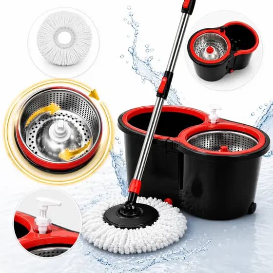 Mop Esfregão Giratório 13 Litros Plástico 360 Balde e Cesto de Inox Cabo de 130 cm Reforçado