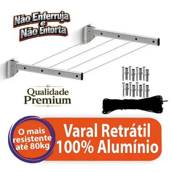 Varal Retrátil Dobrável Alumínio Reforçado 80kg Parede Lavanderia Premium