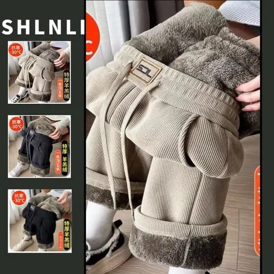 Outono Inverno Plus Size Cordeiro Velo Calças De Perna Larga Feminina Lã Grossa Casual Solto Reta