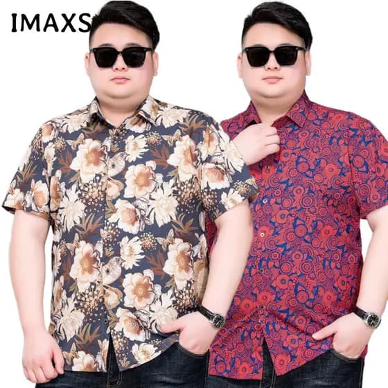 Camisa Casual de Negócios Oversize para Homens, Tamanho Grande, Manga Curta, Estampada, Leve, para o Verão, 60-175KG PLU