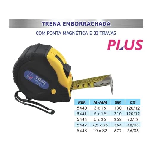 Trena Profissional Emborrachada 10m x 32mm - Com Imã e 3 Travas