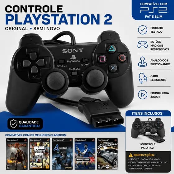 CONTROLE PARA PLAYSTATION 2 ORIGINAL USADO – TESTADO E FUNCIONANDO!