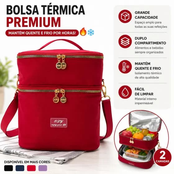 Bolsa Térmica Dupla Grande 26x20x28cm Lancheira Térmica Impermeável com Alça Ajustável para Marmita Bebida Piquenique