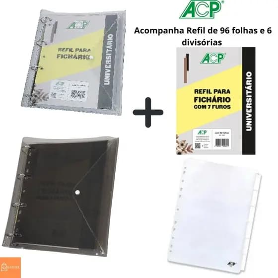Caderno fichário Argolado PVC Cristal e Fumê com bloco de folhas e divisórias