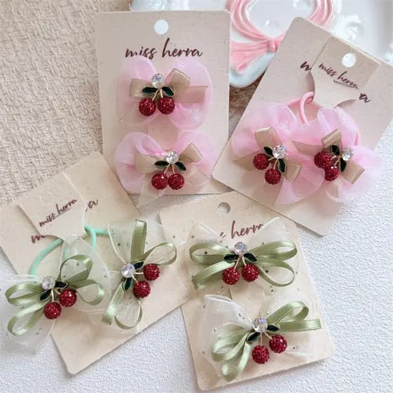 Conjunto De Grampos De Cabelo E Laços Com Laço Cereja Para Meninas , 2 Peças Franjas