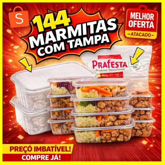144 Potes 250ml/350ml/500ml PRAFESTA Retangulares Descartáveis Com Tampa Para Freezer e Microondas