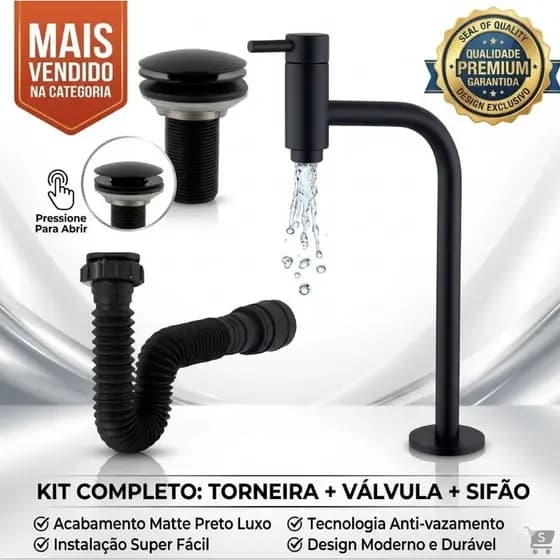 Torneira redonda alta 90° Preto Fosco de metal+ válvula click +sifão
