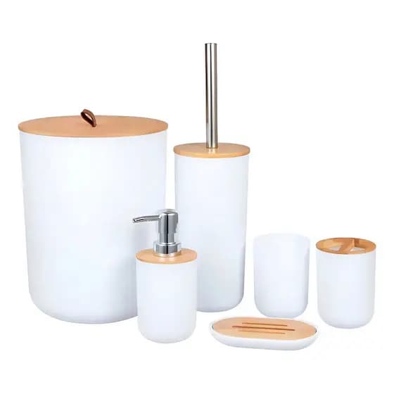 Kit Banheiro Lixeira Porta Escova 6 Peças Tampa Bambu Cor Branco Redondo Decoração