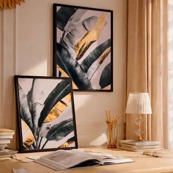 Kit 2 Quadros Decorativos com Moldura Folhas Tropicais Preto Dourado Luxo Moderno Elegante Quarto