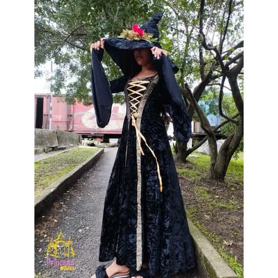 VESTIDO BRUXA MEDIEVAL ACOMPANHA CHAPÉU NA COR PRETA VELUDO