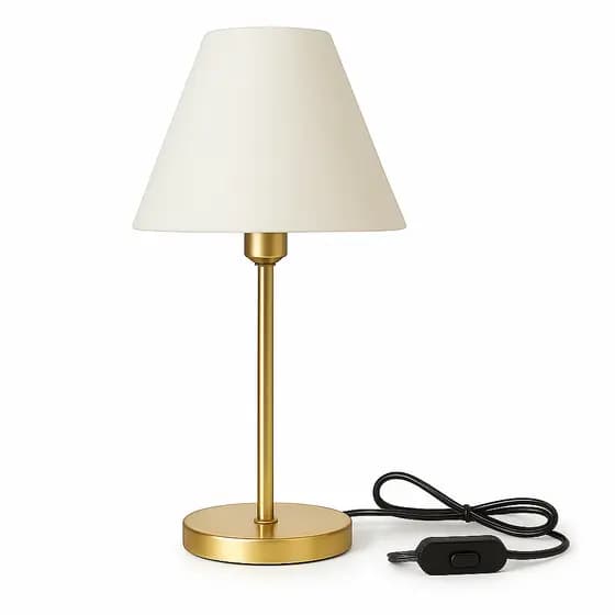 Abajur Elegante com Base Dourada e Cúpula em Tecido Branca – Sofisticação para Quarto ou Sala