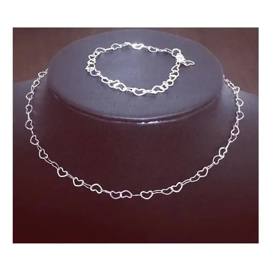 Kit Corrente Pulseira Coração Prata 925 Legítima - Colar 45 cm Para Presente