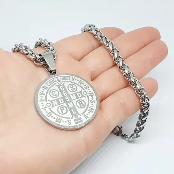 Corrente Cordão Palmier Aço Cirurgico + Pingente São Bento Cor Prateado