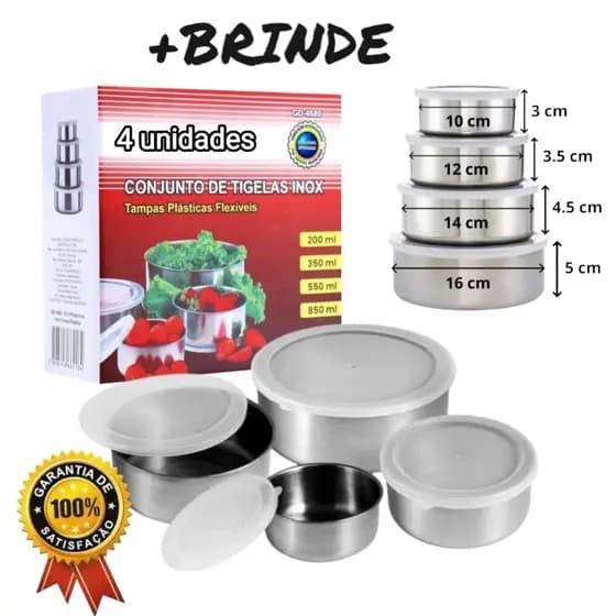 Conjunto 4 Potes tigelas Inox com Tampa