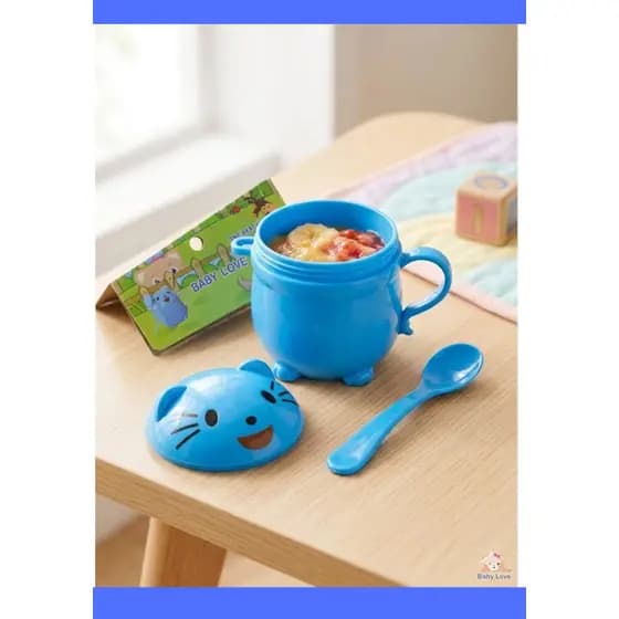 Kit Refeição Infantil Baby Love Azul Caneca Bebê com Tampa Colher BPA Free
