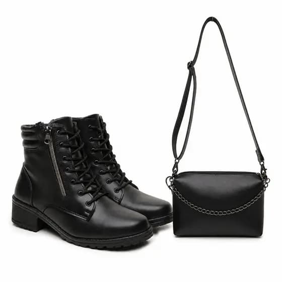 Coturno Feminino Salto Baixo Casual Confortável Leve + Bolsa De Ombro Com Corrente