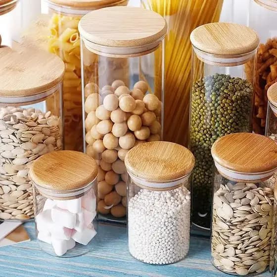 Potes de Vidro Tampa Bambu Redondo Quadrado Retangular Mantimentos Alimentos Organização Despensa