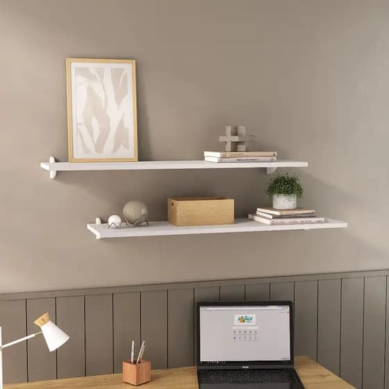 Kit 2 Prateleiras 60x25 MDF com Suporte Arredondado - Branco/Castanho