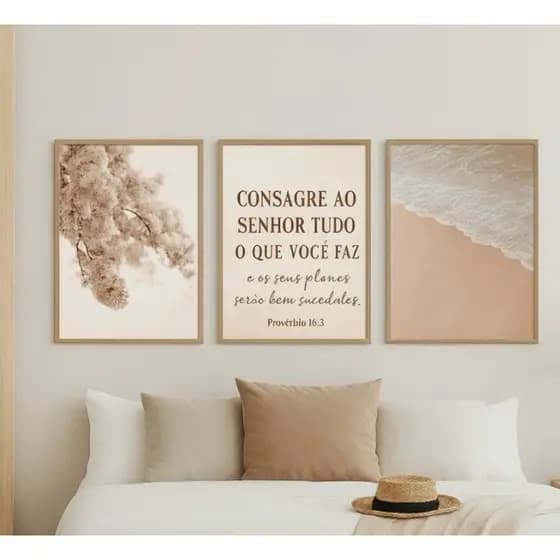 Kit 3 Quadros Decorativos Marrom e Bege Quarto Casal Sala Frase Bíblica Versículo Consagre ao Senhor