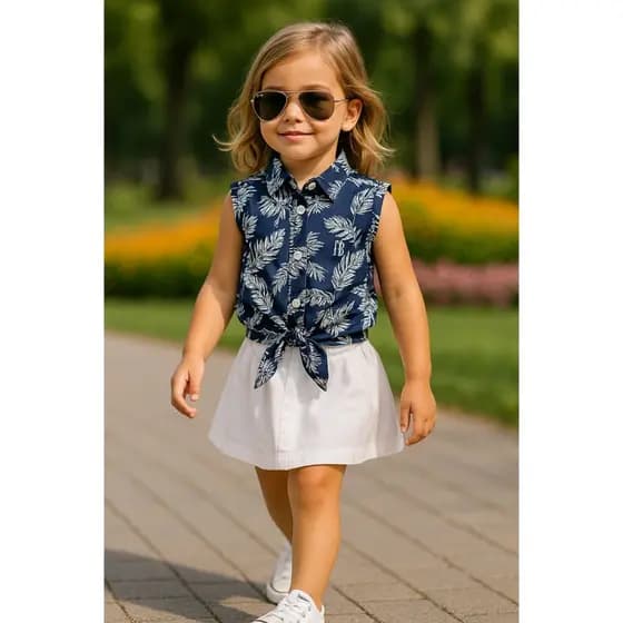 Camisa Social Sem Manga - Azul Floresta - Feminina Infantil