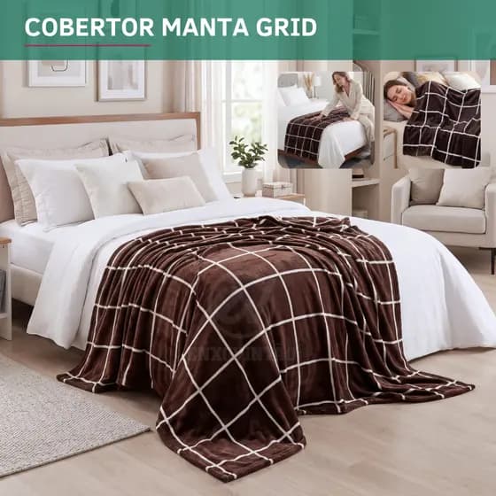 Cobertor Casal Grid 2,00x1,80m Mantinha Toque Macio Aveludado Confortável Desing Premium Luxo