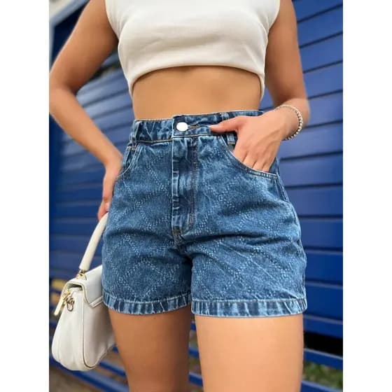 Short Jeans cintura alto com laser rasgada Femininos short plus size
