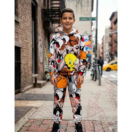 Conjunto Infantil de Moletom com Capuz E Bolso Estampa de Personagens Quentinho para Inverno Unissex