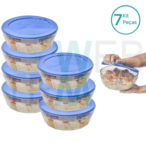 Kit 7 Potes Tigela Vidro Grande Laguna 4 Litros Tampa Vitazza Armazenar Alimentos Sustentável