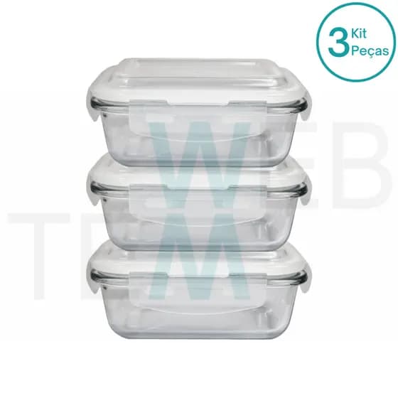 Kit 3 Potes Herméticos Marmita de Vidro Retangular 370ml Tampa BPA Free: Organização, Sustentabilidade e Praticidade para sua Cozinha e Frescor para Alimentos