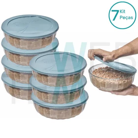 Kit 7 Potes Tigela Saladeira de Vidro com Tampa Plástica Oceani 1,5 litro Vitazza: Para Servir